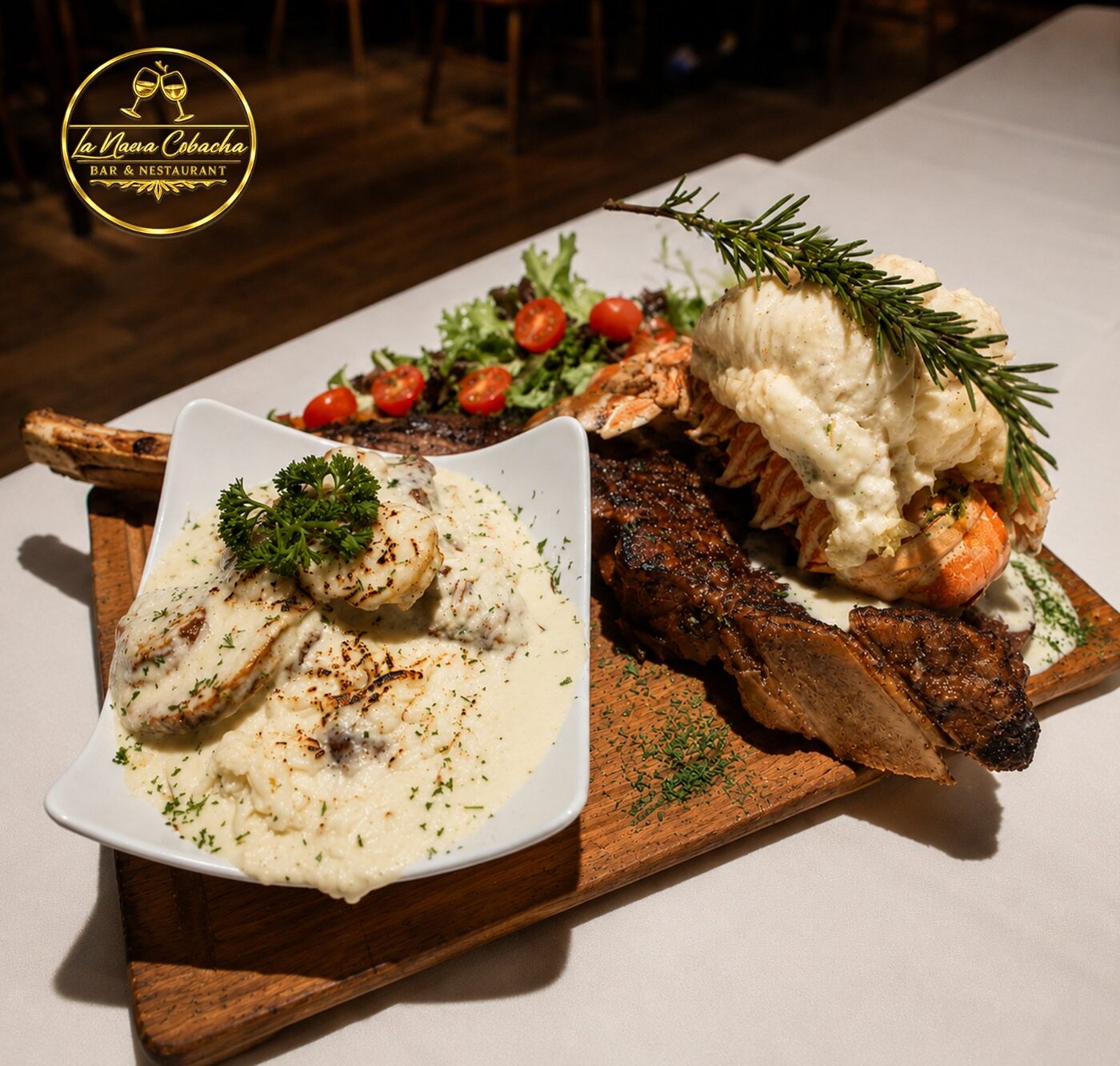 Mar y Tierra La Gran Cobacha: ribeye a la parrilla con langosta gratinada y risotto cremoso