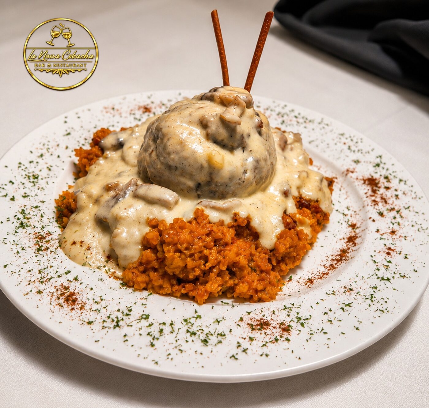 Mofongo relleno bañado en crema de setas sobre arroz mamposteado